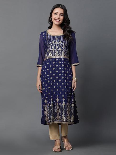 aurelia navy printed kurta pant set