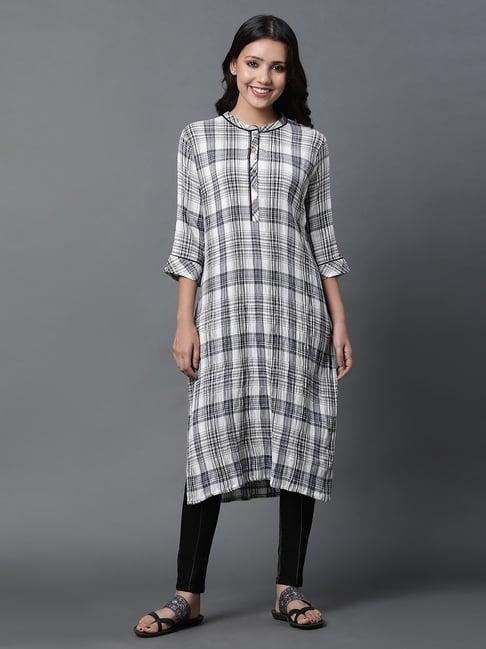 aurelia white & black cotton chequered kurta jeggings set