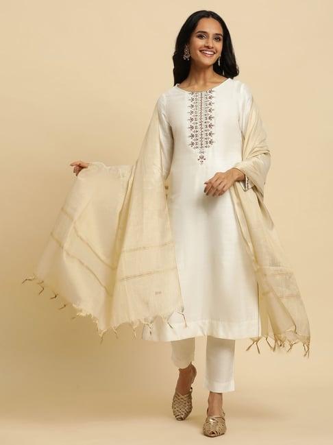 w white embroidered kurta pant set with dupatta