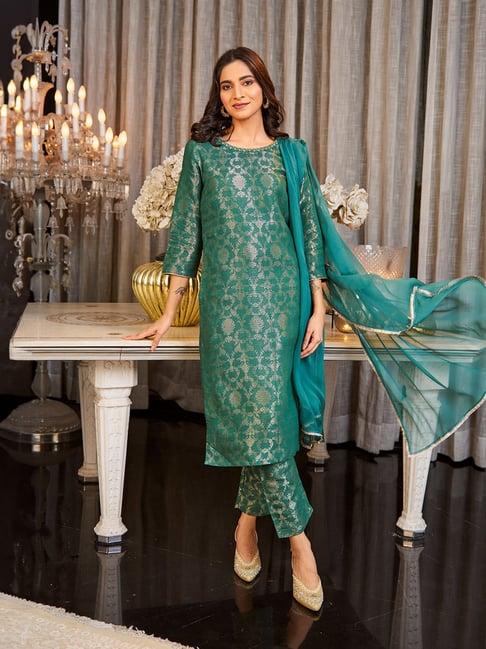 w green woven pattern kurta pant set