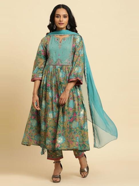 w moss green floral print kurta pant set with dupatta