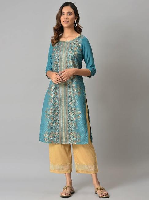 aurelia turquoise floral print straight kurta