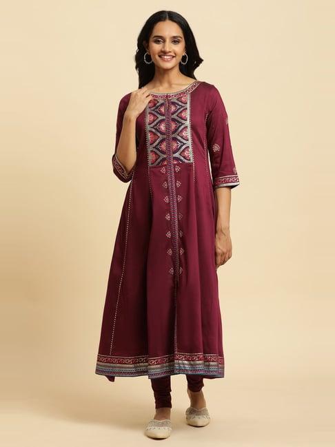 w wine floral print a line kurta