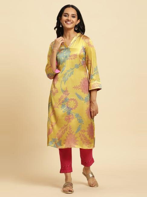 w yellow floral print straight kurta