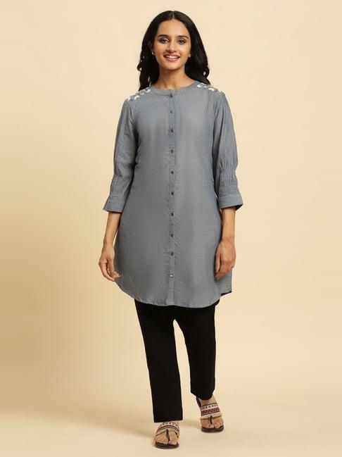 w grey cotton embroidered straight kurti