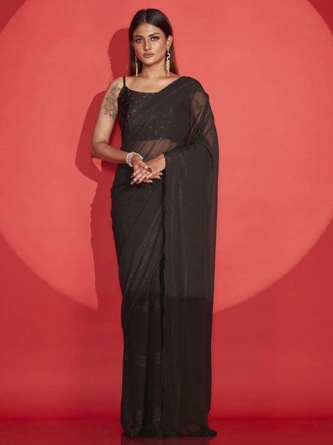 tikhi imli black plain ready to wear saree with unstitched blouse