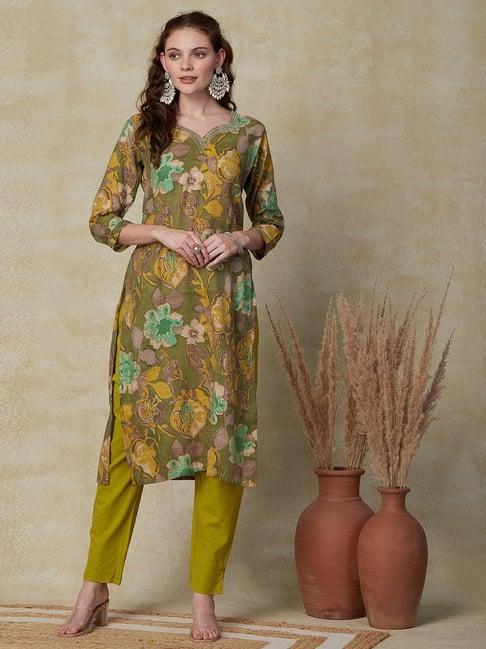 fashor green embroidered straight kurta