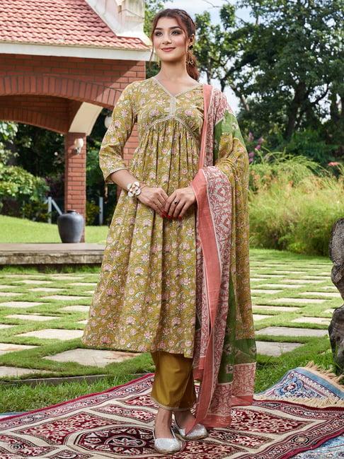 indo era olive printed kurta with pant & dupatta