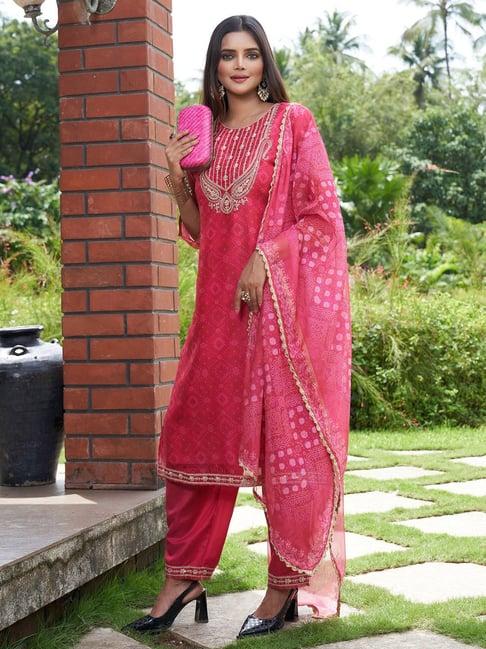 indo era pink embroidered kurta with pant & dupatta