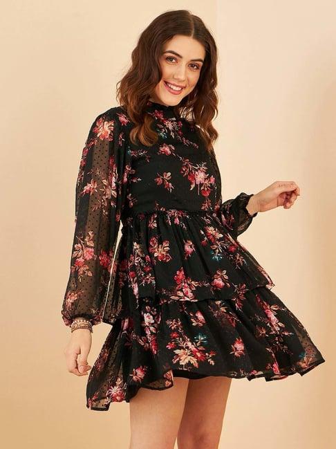 marie claire black floral print a-line dress