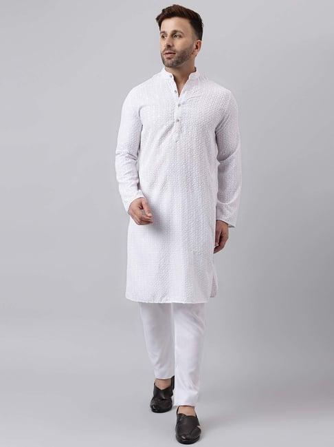 hangup white regular fit embroidered kurta & pyjamas set