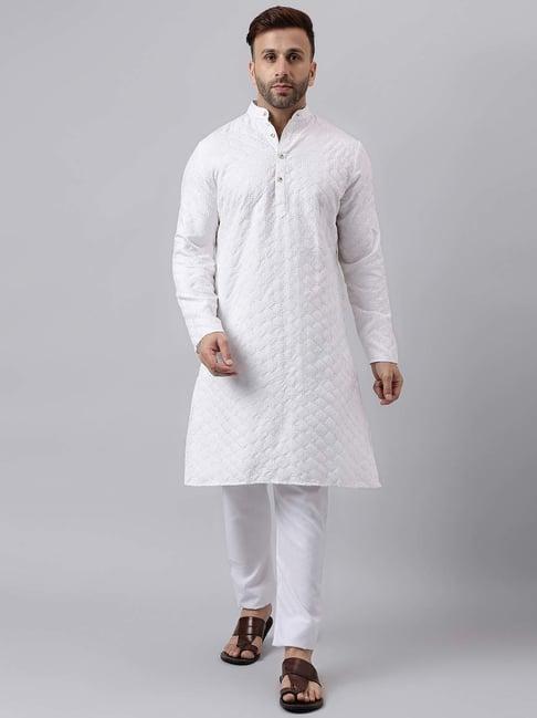 hangup white regular fit embroidered kurta & pyjamas set