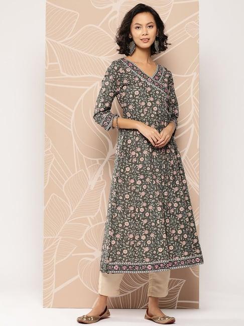 yufta olive floral print angrakha kurta