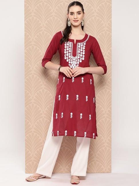 yufta maroon embroidered straight kurta