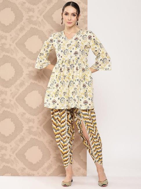 yufta yellow floral print tunic with dhoti pants