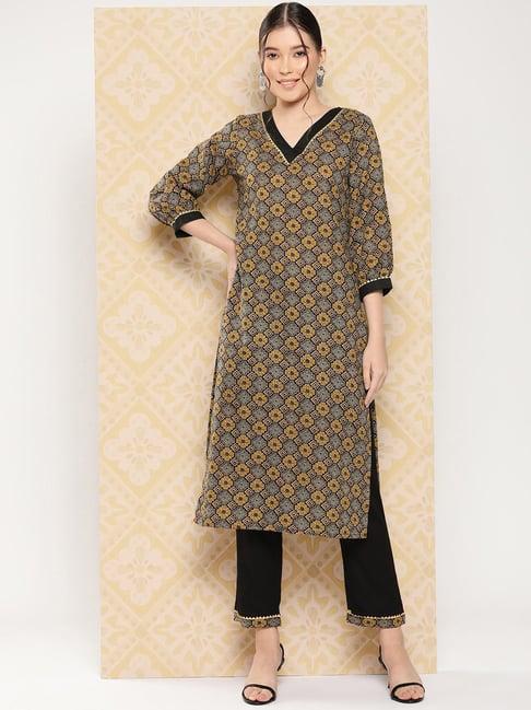 yufta brown geometric print kurta pant set