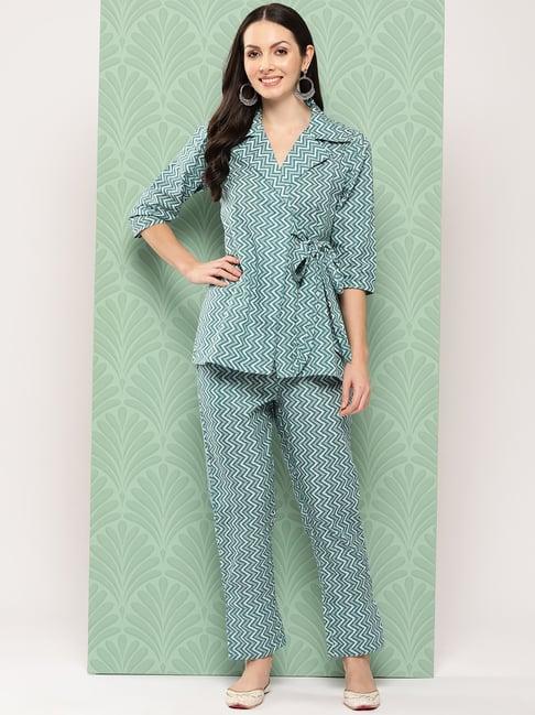 yufta teal printed top & pant set