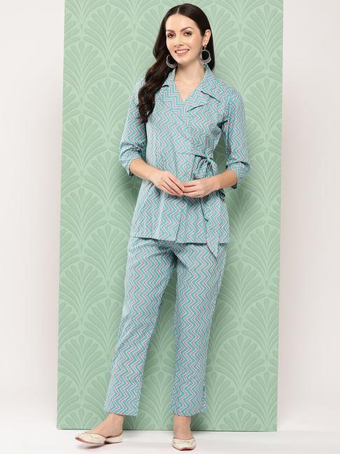 yufta light turquoise printed top & pant set