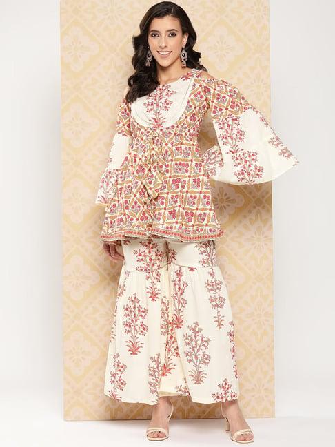 yufta cream printed tunic & sharara set