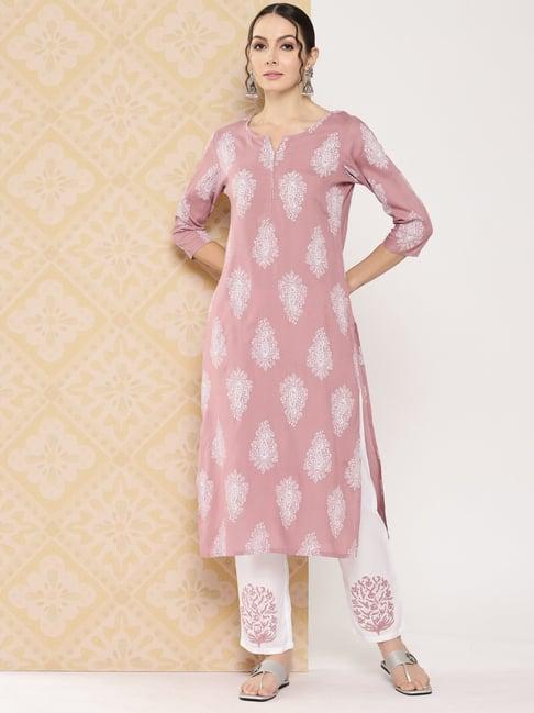 yufta mauve printed kurta pant set