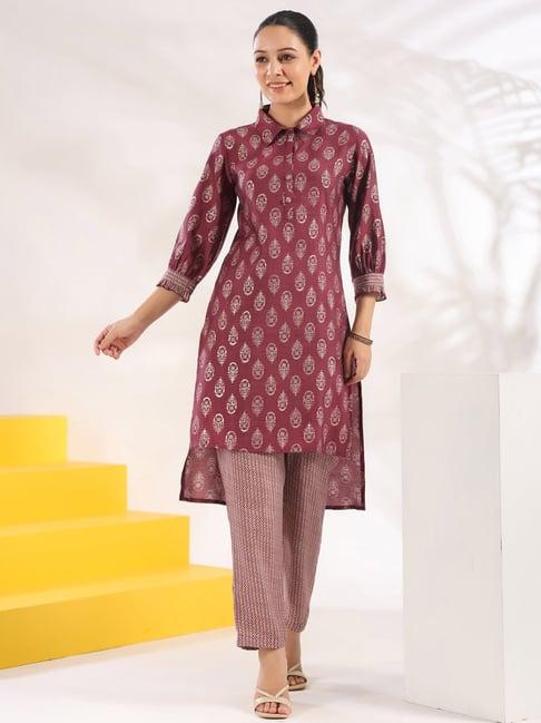 yufta purple printed tunic & pant set