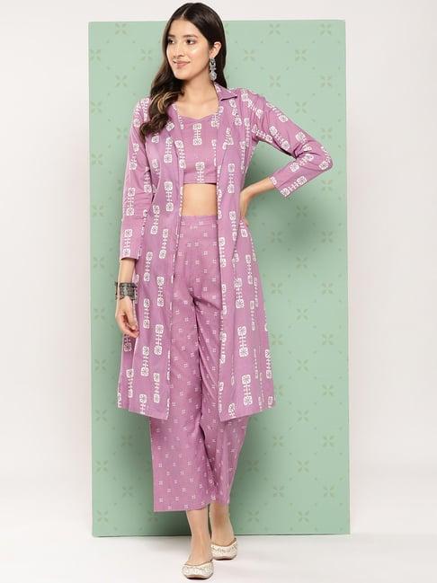 yufta purple printed crop top with pants & shrug