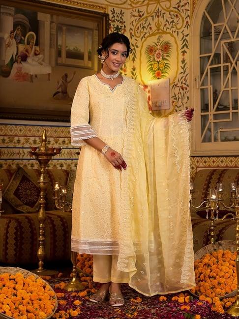 yufta yellow embroidered anarkali kurta with pant & dupatta