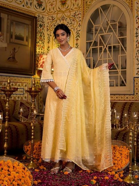 yufta yellow embroidered anarkali kurta with pant & dupatta