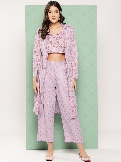 yufta purple printed crop top with pants & shrug