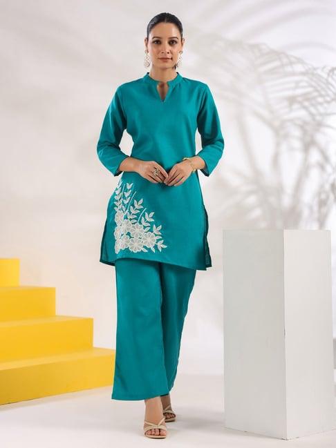 yufta turquoise embroidered tunic & pant set