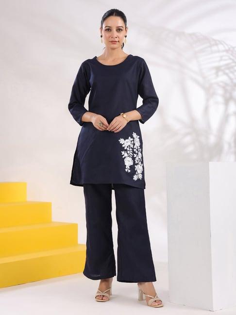 yufta navy embroidered tunic & pant set