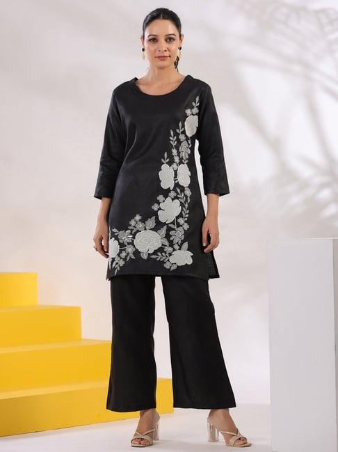 yufta black embroidered tunic & pant set