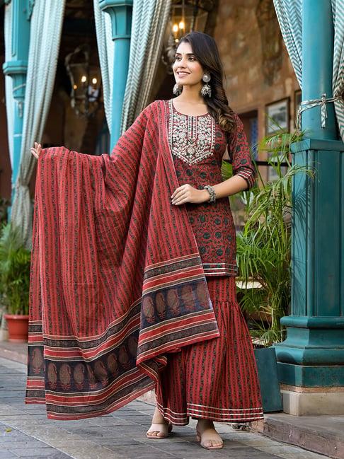 yufta rust embroidered kurta with sharara & dupatta