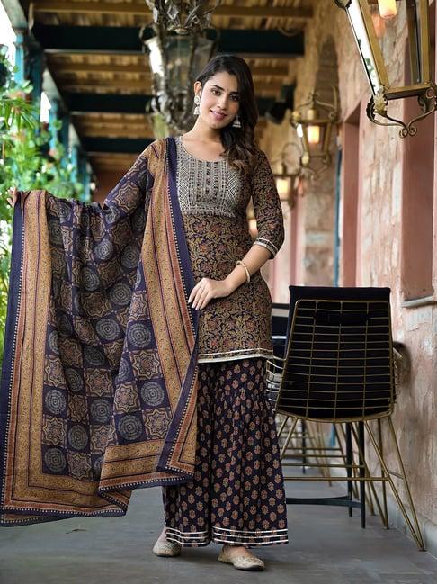 yufta rust & navy embroidered kurta with sharara & dupatta