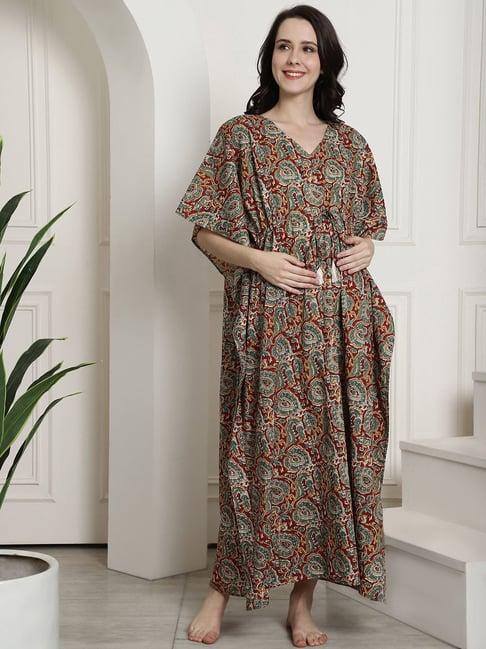 secret wish maroon & green printed maternity kaftan nighty