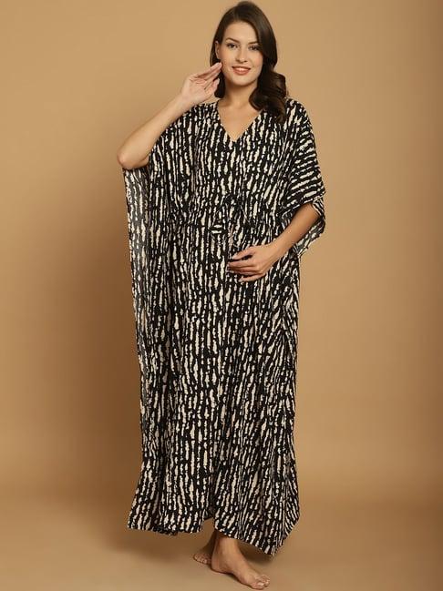 secret wish black & cream printed maternity kaftan nighty