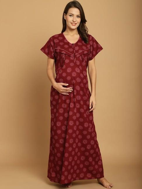 secret wish maroon printed maternity night dress