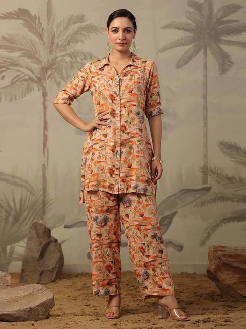 scakhi beige floral print tunic pant set