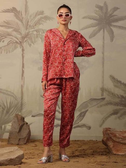 scakhi maroon printed tunic pant set