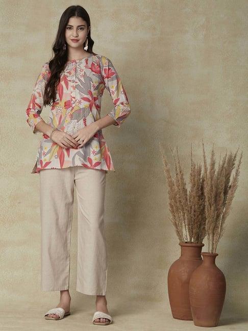 fashor grey & beige floral print tunic pant set