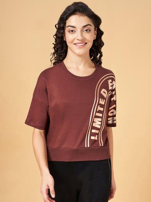 ajile by pantaloons brown cotton printed sports t-shirt