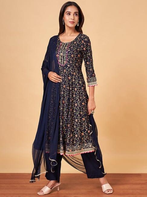 yu by pantaloons navy floral print kurta palazzo set with dupatta