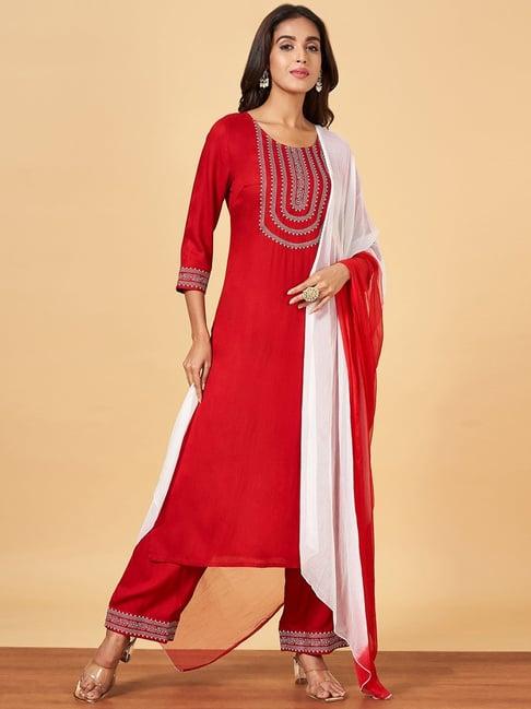 yu by pantaloons red embroidered kurta palazzo set with dupatta