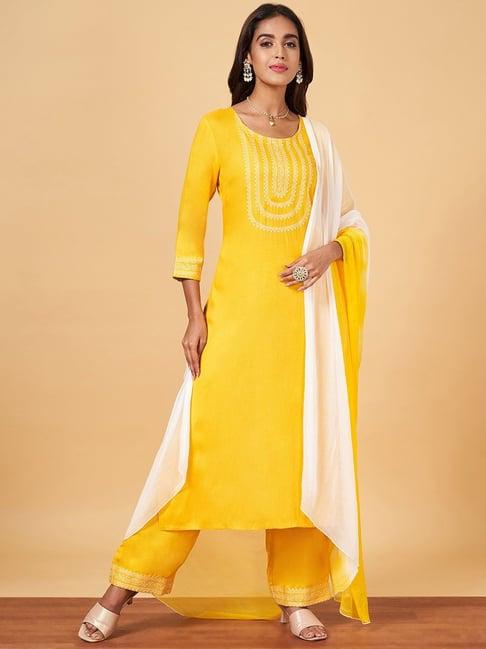 yu by pantaloons yellow embroidered kurta palazzo set with dupatta