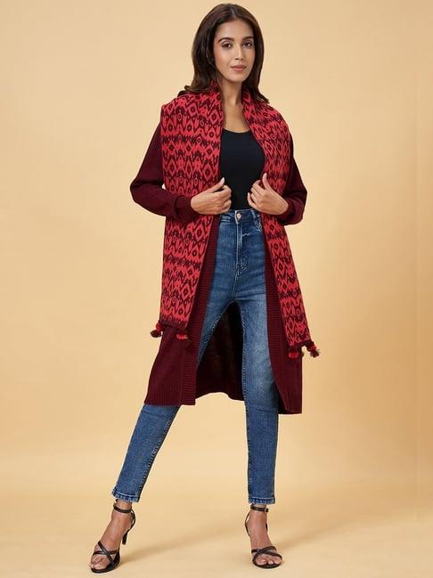 rangmanch by pantaloons maroon jacquard pattern shrug