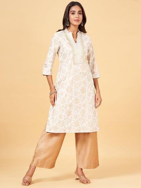 rangmanch by pantaloons off-white cotton floral print straight kurta