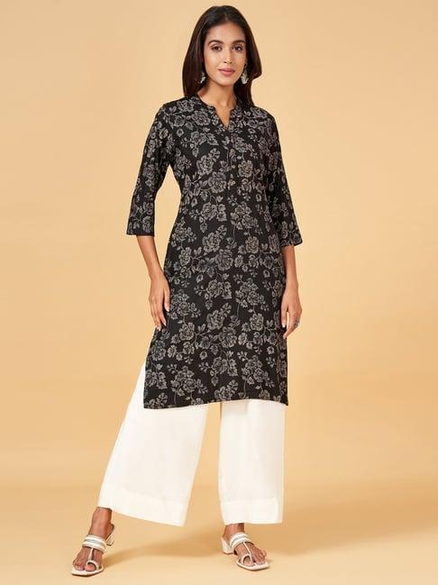 rangmanch by pantaloons black floral print straight kurta