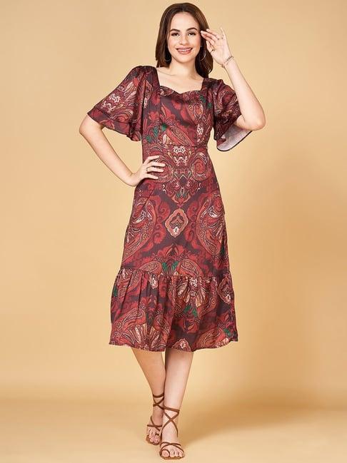 honey by pantaloons brown printed a-line dress