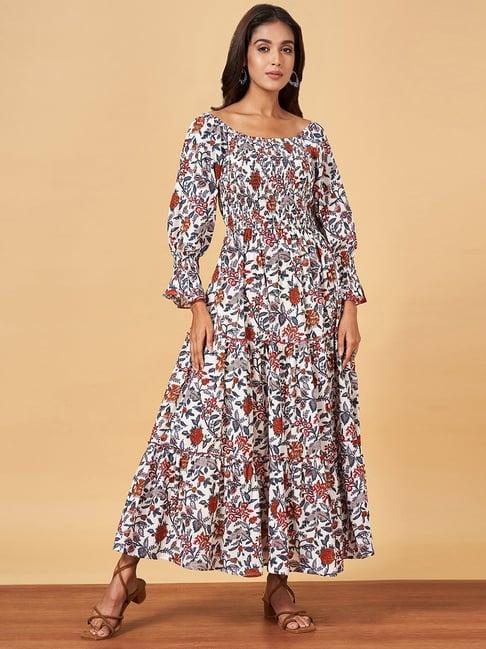 yu by pantaloons off-white cotton floral print maxi dress