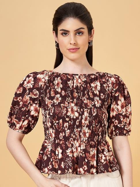 honey by pantaloons brown cotton floral print top